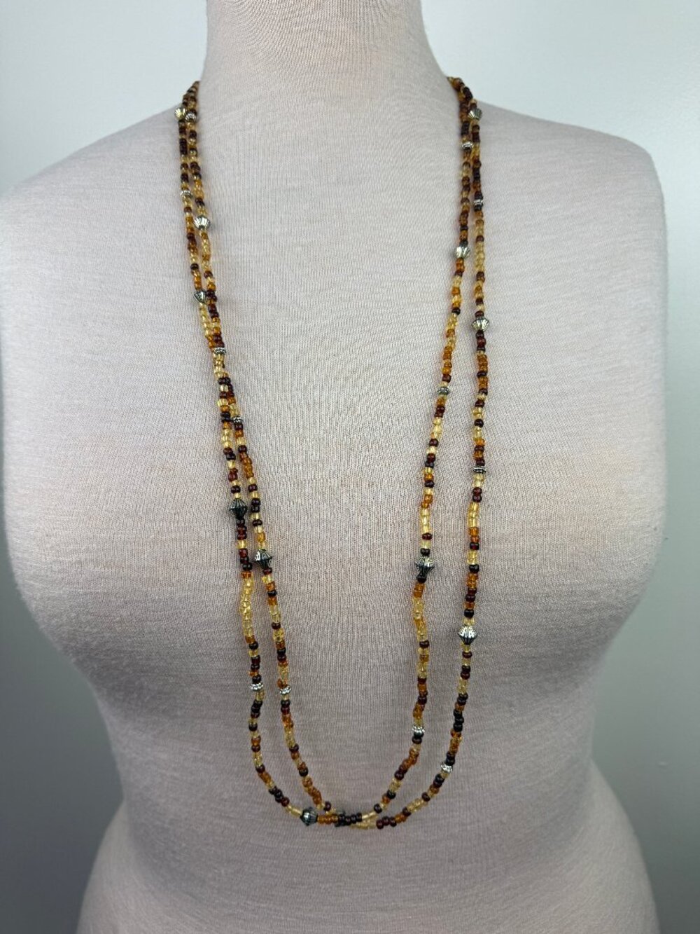 Two Strand Amber Topaz Brown Glass Seed Bead Necklace 41.5"